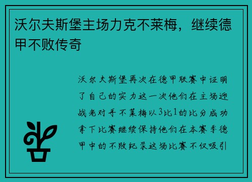 沃尔夫斯堡主场力克不莱梅，继续德甲不败传奇